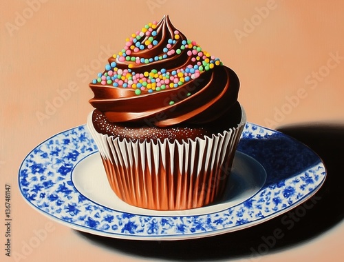 Decadent Chocolate Cupcake Topped with Colorful Sprinkles on Elegant Floral Plate