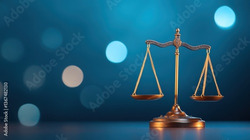 Elegant golden scales of justice on a blurred blue bokeh background symbolizing law, fairness, and legal practice in a modern setting