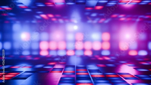 VJ loop. Seamless animation of the dance floor. Flashes of light. Disco style. Retro animation. Bright light. Smooth rotation of the disco ball with glare on the mirrors. Animation, screensaver.