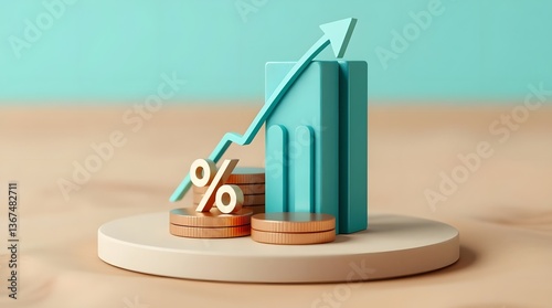 A stylized, turquoise bar graph and arrow indicate growth. A percentage symbol and coins suggest a focus on financial gains.