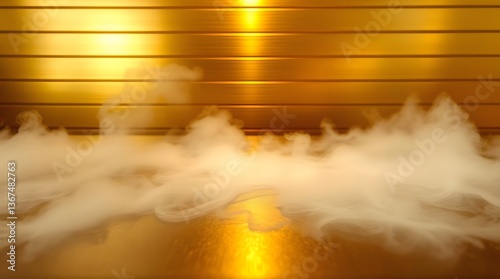 Abstract image of golden horizontal metal slats with fog or smoke rolling across. This image suitable for abstract or background use.