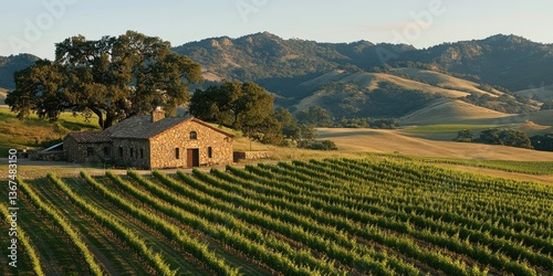 A scenic vineyard landscape with a rustic stone house and rolling hills in the background.