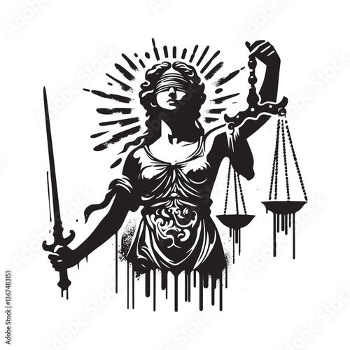 Abstract Goddess of Justice with Sword and Scales in Black Stencil Art