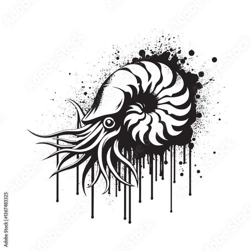 Abstract monochrome nautilus illustration with dripping spray and grunge accents