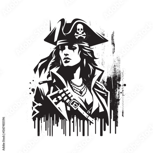 Bold Pirate Woman Stencil Art with Skull Motif and Grungy Distressed Elements
