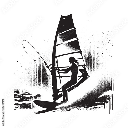 Dynamic silhouette of windsurfer on water with textured splash effect design