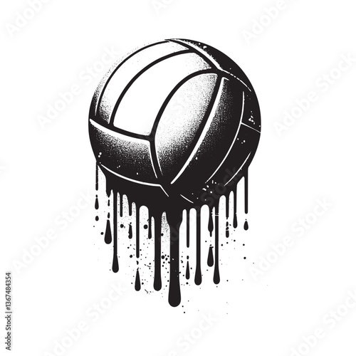 Dynamic Volleyball Illustration with Dripping Ink Effect in Stencil Style