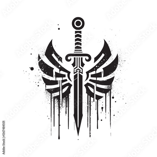 Dynamic Xiphos Sword Design with Symbolic Wings and Splatter Effect