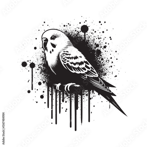 Monochromatic avian elegance lovebird in spray stencil art with dripping grunge effect