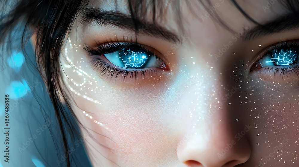Fototapeta premium Futuristic female figure with radiant cyber eye in a sci-fi setting digital art futuristic environment close-up perspective cybernetic concept