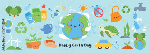 Happy Earth day concept, 22 April element vector set. Save the earth, globe, recycle symbol, turtle, bottle, watering can. Eco friendly minimal design for web, banner, campaign, social media post.