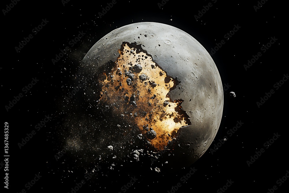 Naklejka premium Exploding Moon Destruction in Space with Debris and Dust