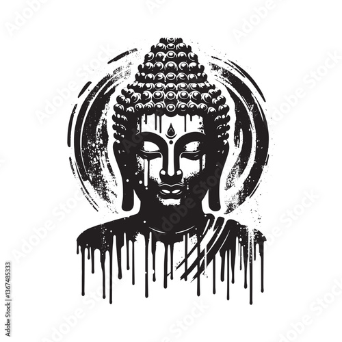 Monochrome Buddha Illustration with Grunge Style and Dripping Paint Effect