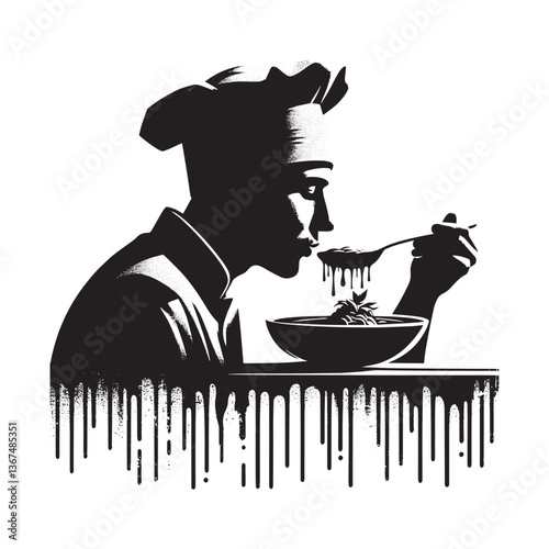 Monochromatic stencil of a chef sampling a dish with a grunge dripping effect
