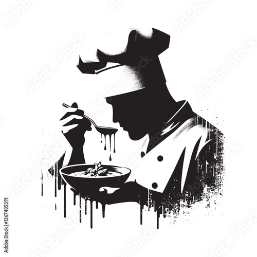 Monochrome chef sampling gourmet dish in stylized stencil technique art