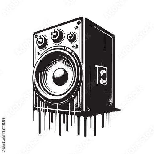 Monochrome Speaker System Illustration with Grunge Drip Effect Design