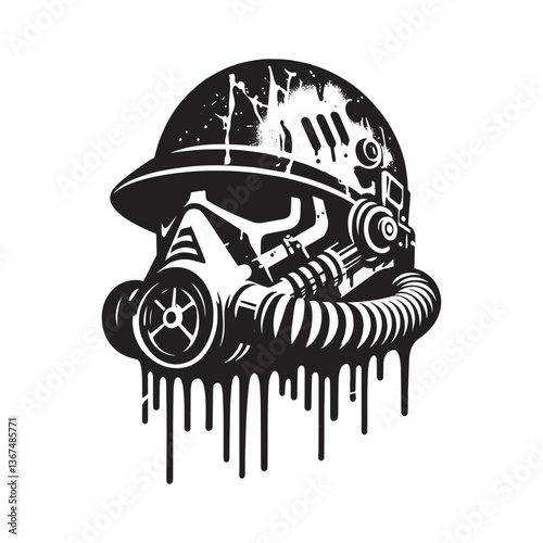 Monochrome Stencil Art of a Futuristic Protective Helmet with Dripping Elements