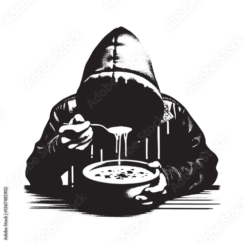 Monochrome stencil illustration of hooded figure consuming chowder dish