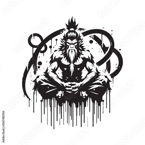 Mythical monkey warrior in meditative pose with grunge drip effects artwork