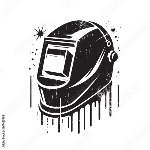 Monochrome Welding Helmet Design with Distressed Stencil Effect for Metalwork