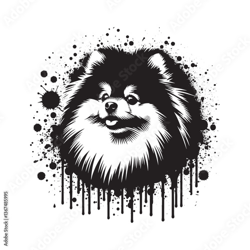 Pomeranian Portrait in Grunge Style with Spray Paint Drips and a Modern Artistic Flair