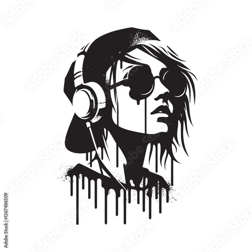 Silhouette portrait of woman with headphones and sunglasses in stencil style