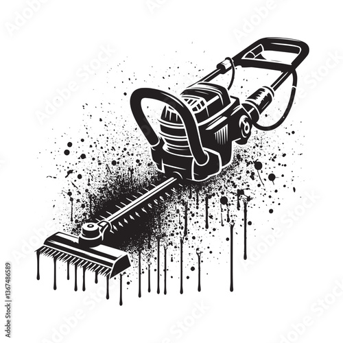 Striking hedge trimmer illustration with stencil effect and dynamic grunge texture