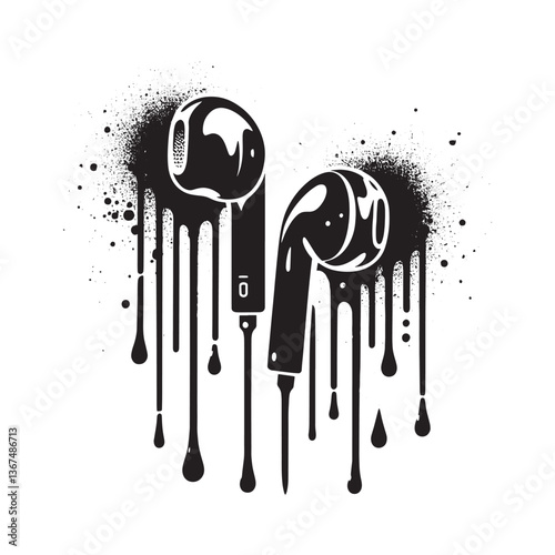 Stylish Earbuds Artwork with Spray Paint Effect in Stencil Style Illustration