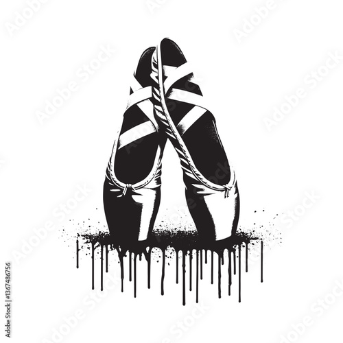 Stylized Ballet Pointe Shoes Graphic with Dripping Paint Effect in Monochrome