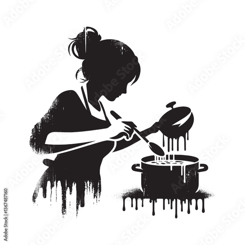 Stylized monochrome image of a woman stirring a pot, urban art cooking scene