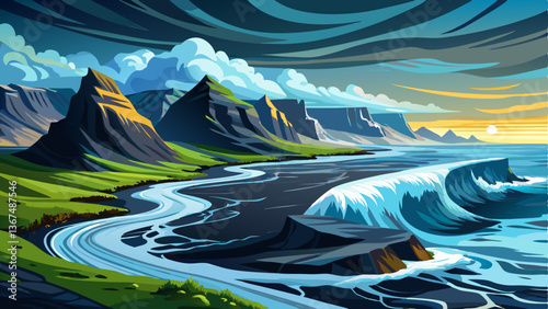 vector of breathtaking view of Iceland’s black sand beaches with waves crashing dramatically