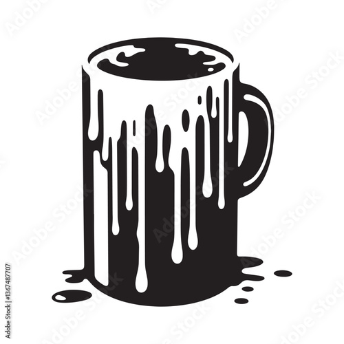 Abstract coffee mug illustration with dripping liquid monochrome design