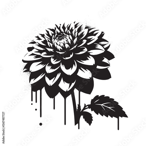 Abstract dahlia flower in stencil style with dripping spray effects, monochrome design