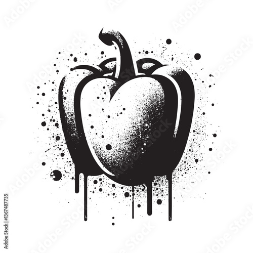 Abstract black and white bell pepper graphic with drip effects and texture