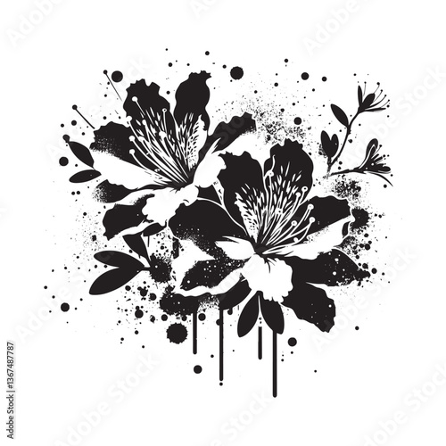 Abstract floral design with azalea blossoms, spray paint effect in monochrome