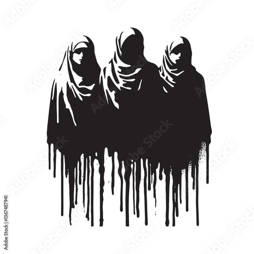 Abstract Silhouette of Veiled Women with Dripping Paint Effect Illustration
