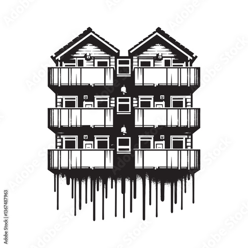 Abstract rendition of a condominium building with dripping paint accents