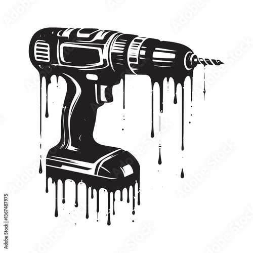 Abstract monochrome stencil illustration of a cordless drill with drips
