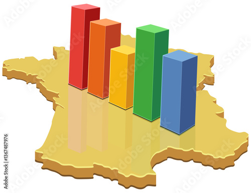 3D yellow map of France with one of the multicolored statistic bars placed on it (cut out)