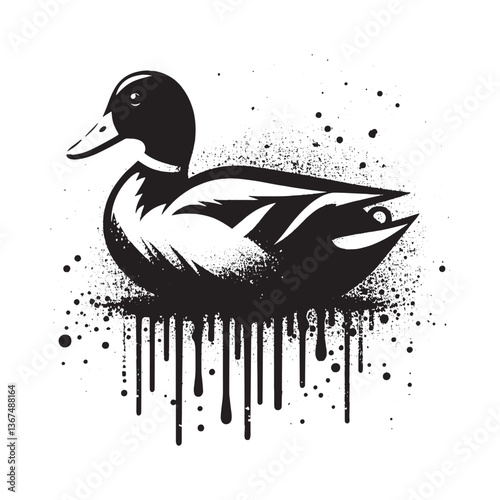 Artistic Monochrome Duck Illustration with Grunge Spray Paint Texture