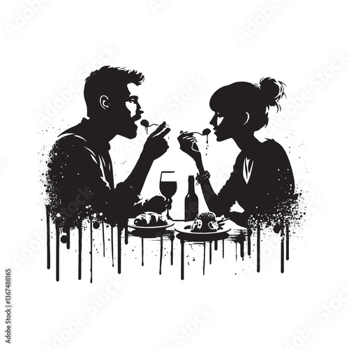 Artistic black and white grunge style illustration of a couple dining together