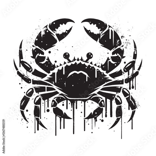 Crab silhouette in stencil style with dripping spray paint and grunge texture