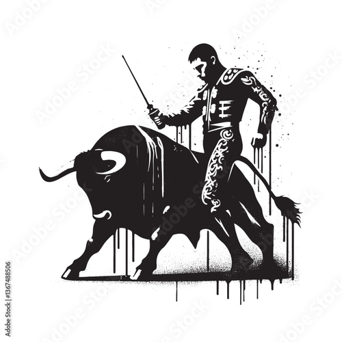 Dramatic Bullfighting Scene with Matador in Artistic Stencil and Grunge Style