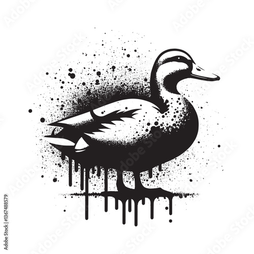 Duck silhouette with dripping spray paint effect and grungy background texture