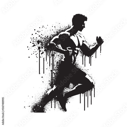 Dynamic runner silhouette with grunge spray effect evokes motion and energy