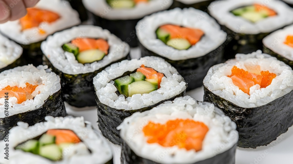 Delicious Fresh Sushi Rolls with Salmon and Cucumber on a White Surface Delicious Fresh Sushi Rolls with Salmon and Cucumber on a White Surface