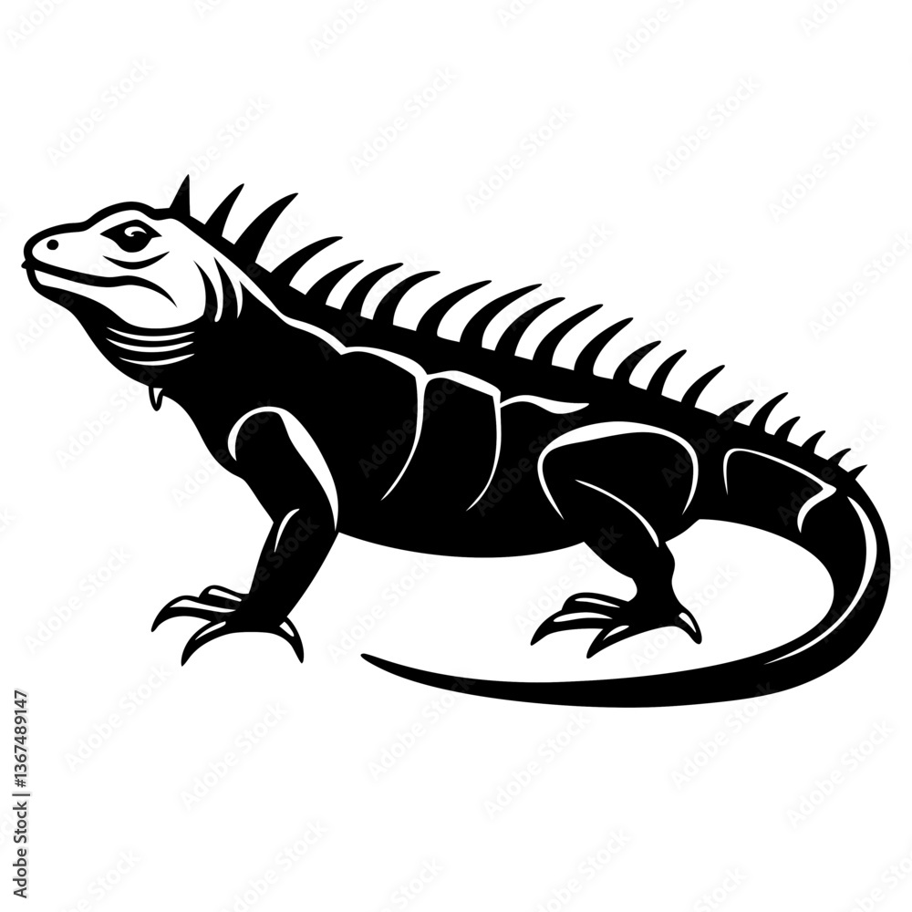 Fototapeta premium A vector silhouette of an iguana standing with spiked back visible, centered on a white background 