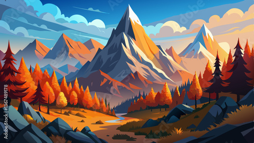 A wide-angle view of serene mountain peaks surrounded by fiery fall colors and misty air