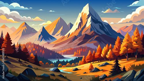 A wide-angle view of serene mountain peaks surrounded by fiery fall colors and misty air
