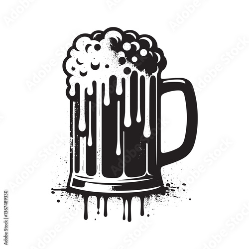 Grunge style beer mug illustration with a dripping foam in black and white